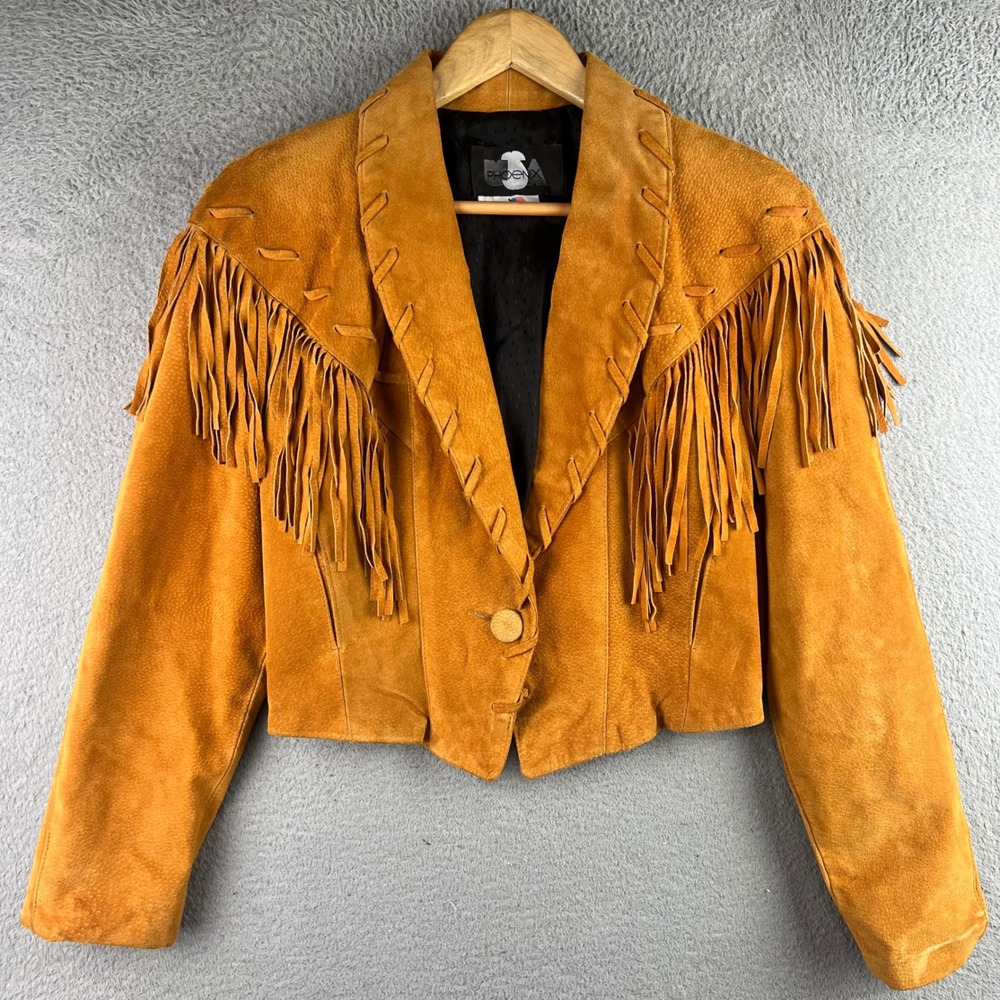 Phoenix USA Vintage Tan Suede Leather Western Fringe Cropped Jacket Womens